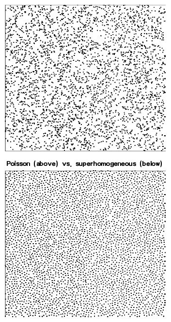 Poisson vs super-homogeneous particle distributions