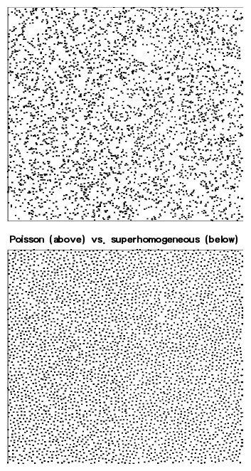 Poisson vs super-homogeneous particle distributions